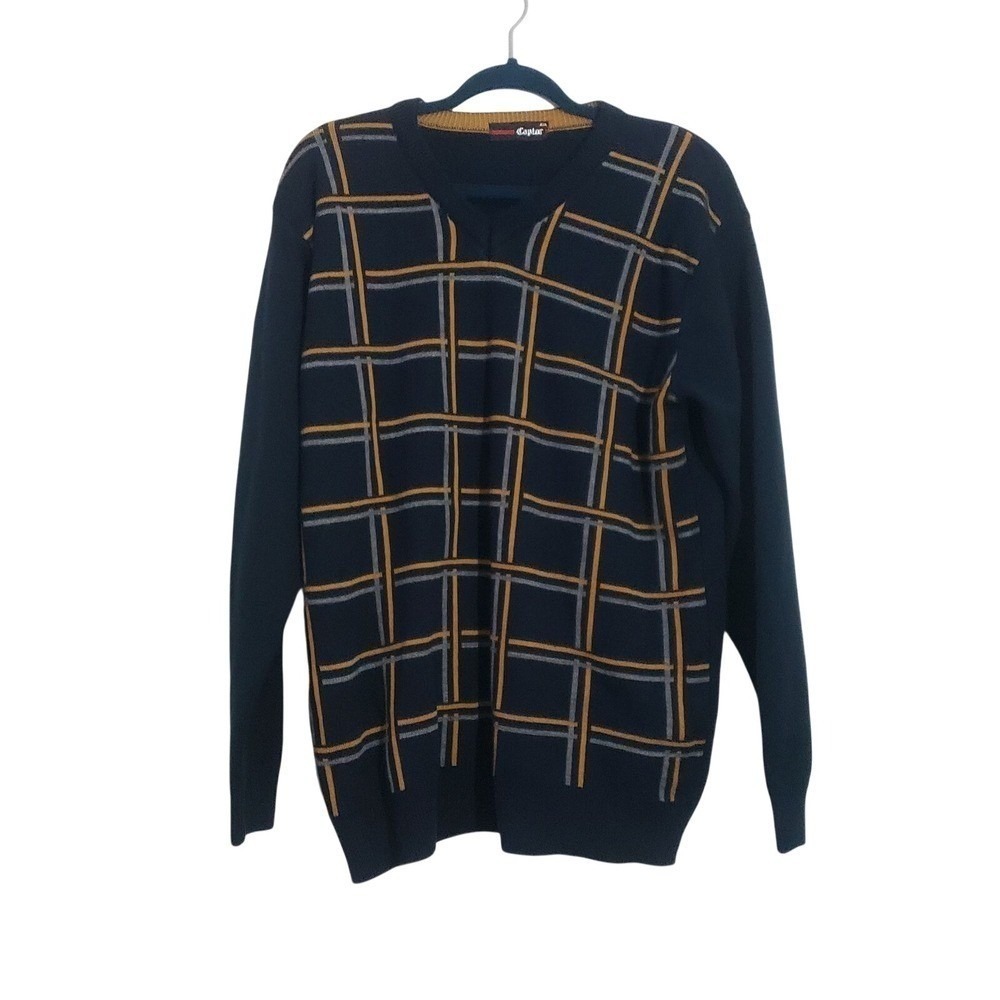 Vintage 90s V Neck Sweater Mens XXL Navy Blue Yellow Grid Pattern Geometric Knit